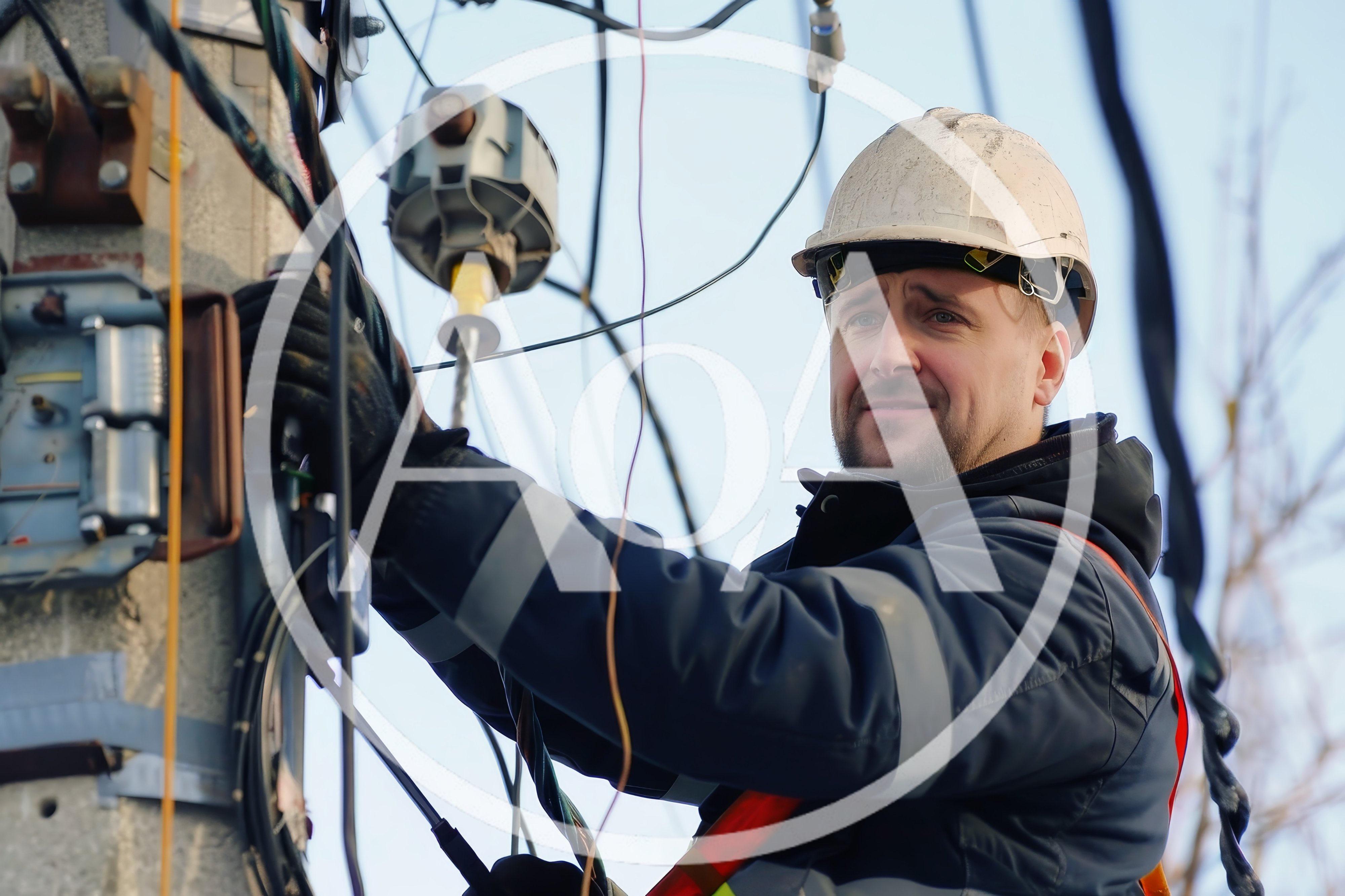 Electrician Working On Utility Pole Maintenance
