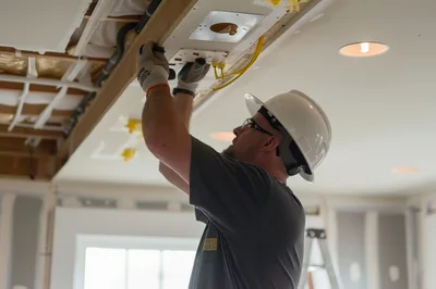 Electrician Installing Recessed Lighting Fixture In Ceiling