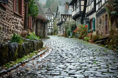 Cobblestone Street In A Historic German Village