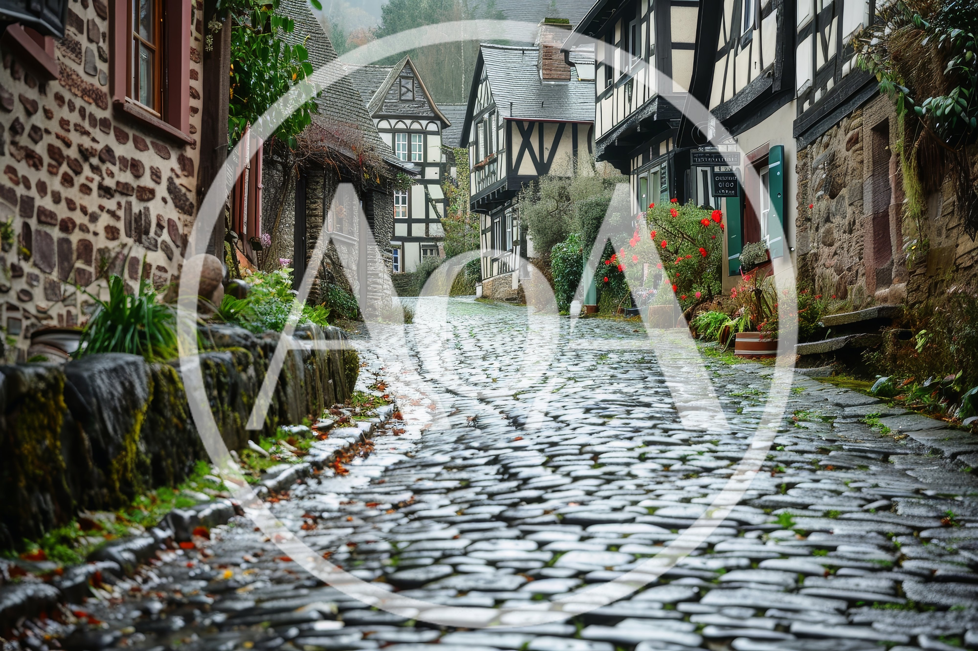 Cobblestone Street In A Historic German Village