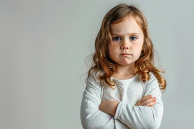 Portrait of a Grumpy Little Girl With Crossed Arms