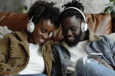Young Black Couple Listening To Music Together On Sofa