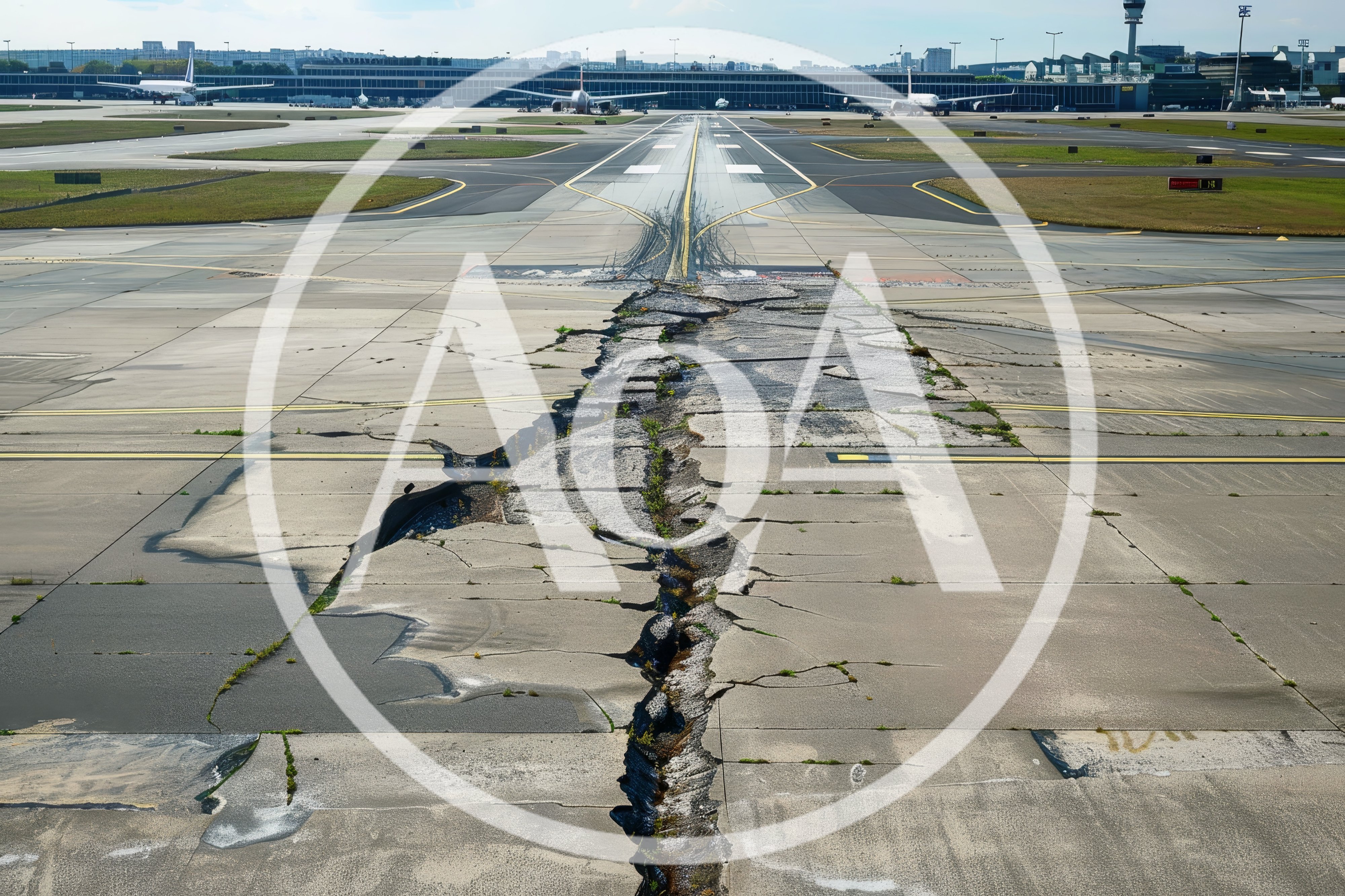 Damaged Airport Runway With Deep Concrete Cracks