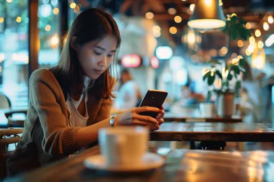 Young Woman Using Smartphone In A Cozy Cafe