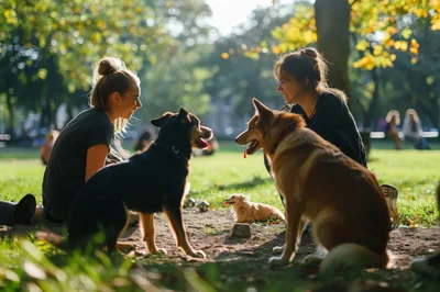 Two Women Playing With Dogs In A Sunny Park