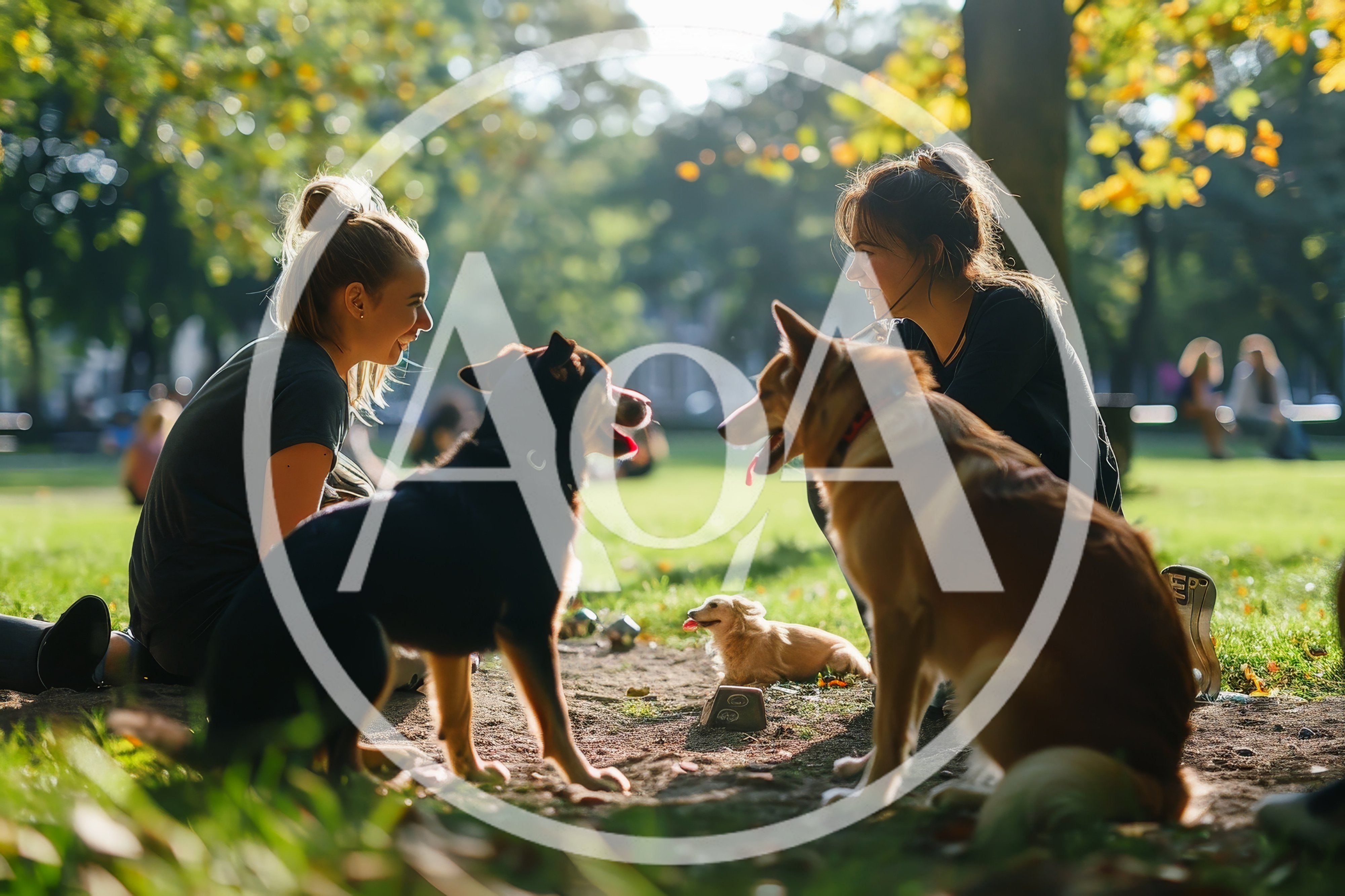 Two Women Playing With Dogs In A Sunny Park