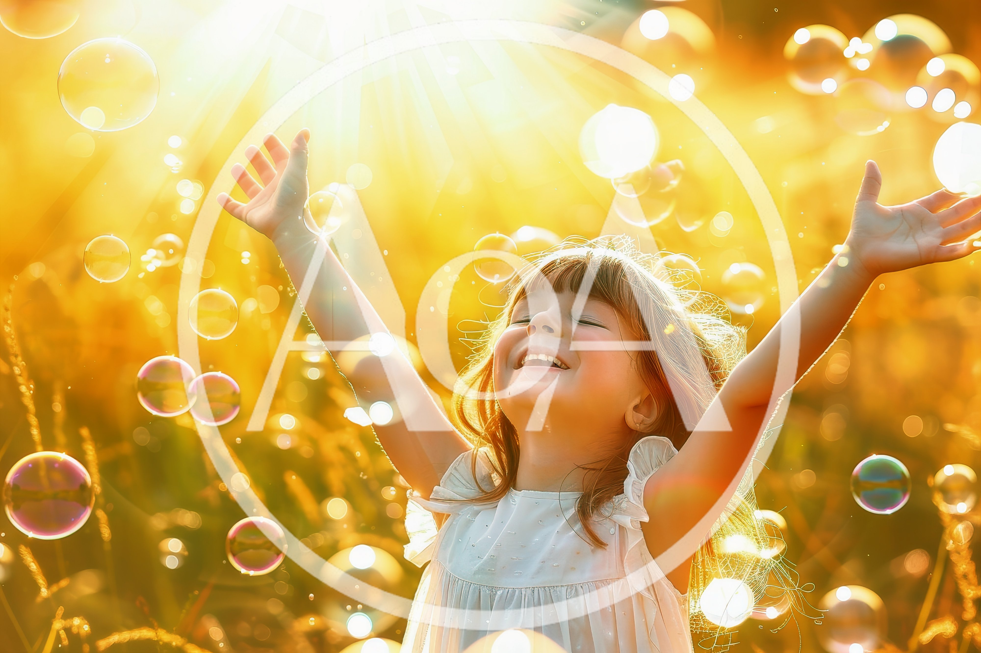 Happy Little Girl Playing With Bubbles Outdoors
