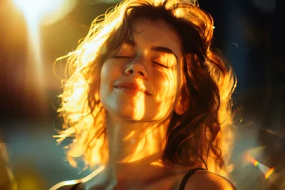 Young Woman Enjoying Warm Golden Hour Sunlight