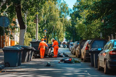 Sanitation Workers Collecting Trash In A Residential Street