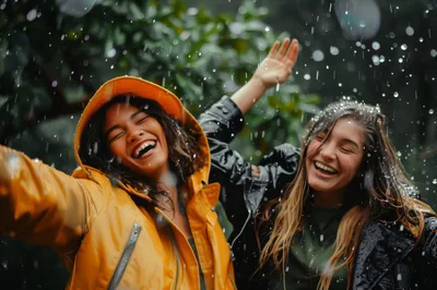 Two Happy Women Enjoying Heavy Rain Outdoors