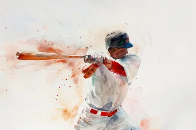 Watercolor Painting Of A Baseball Player Swinging A Bat