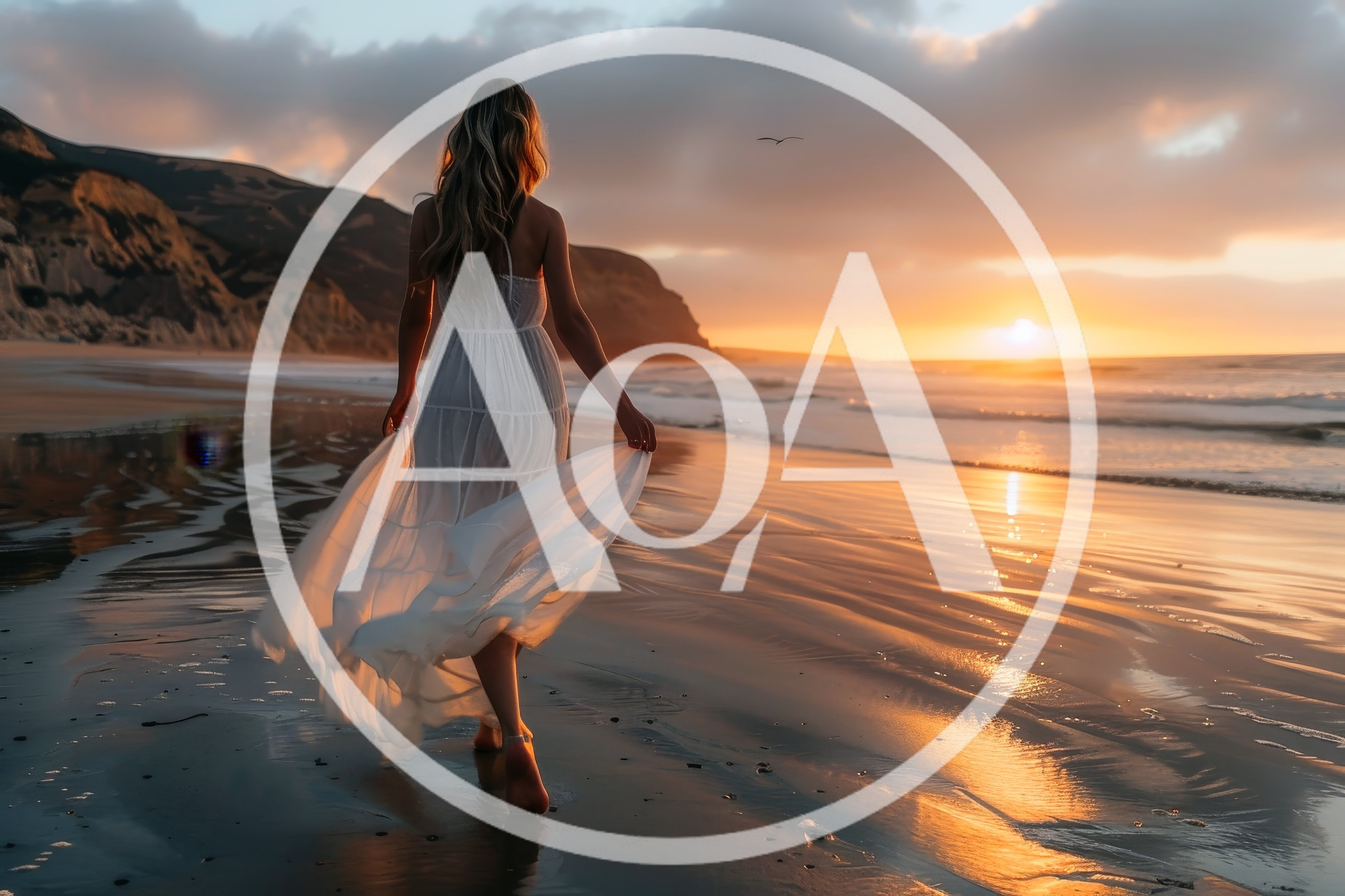 Woman Walking Along Beach At Sunset In White Dress