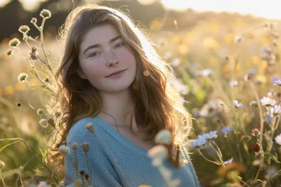 Young Woman With Freckles Standing In A Wildflower Meadow