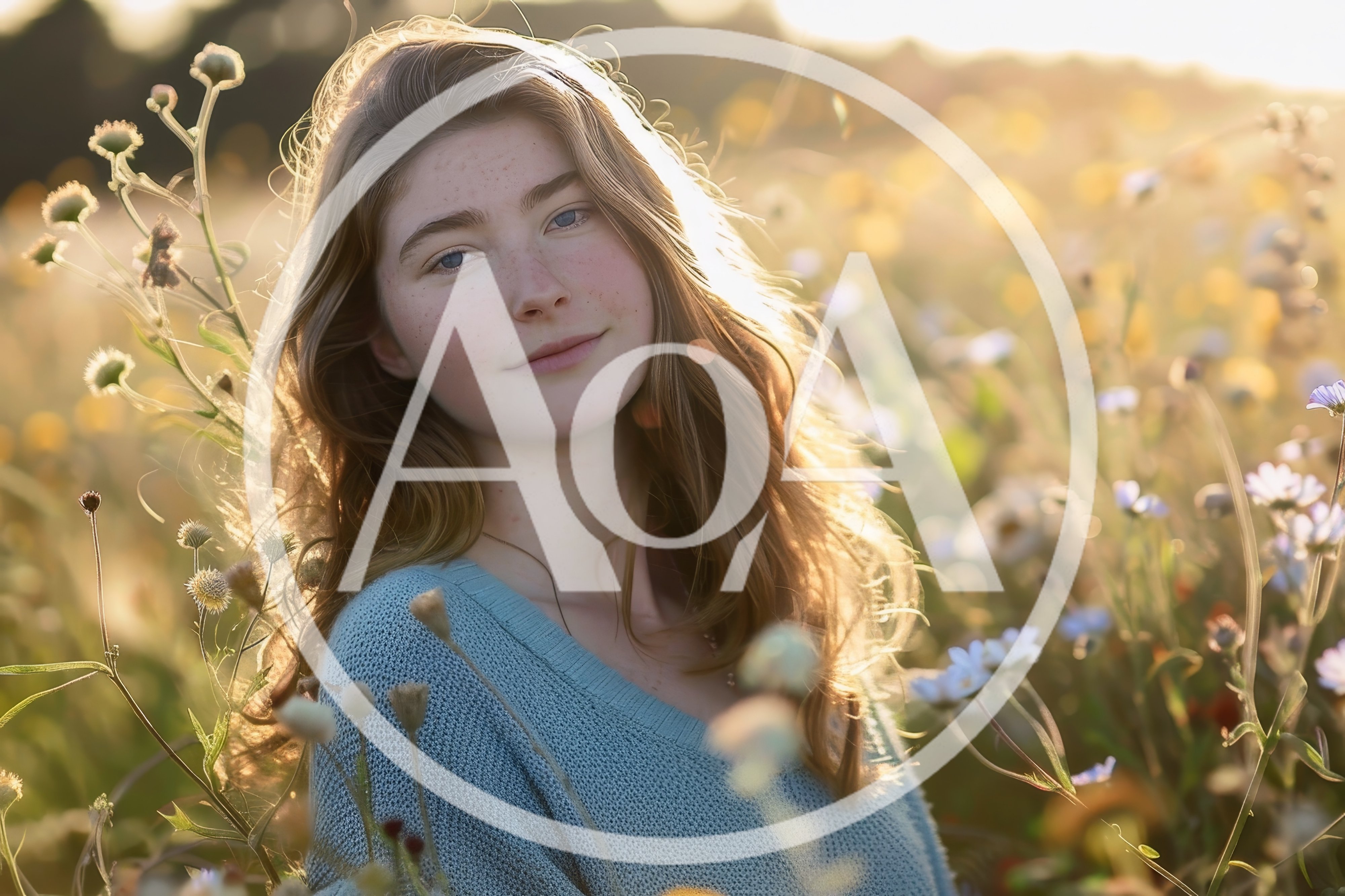 Young Woman With Freckles Standing In A Wildflower Meadow
