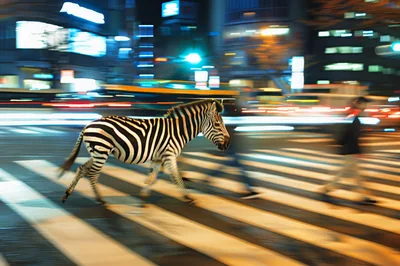 Zebra Walking Across A Busy City Crosswalk At Night