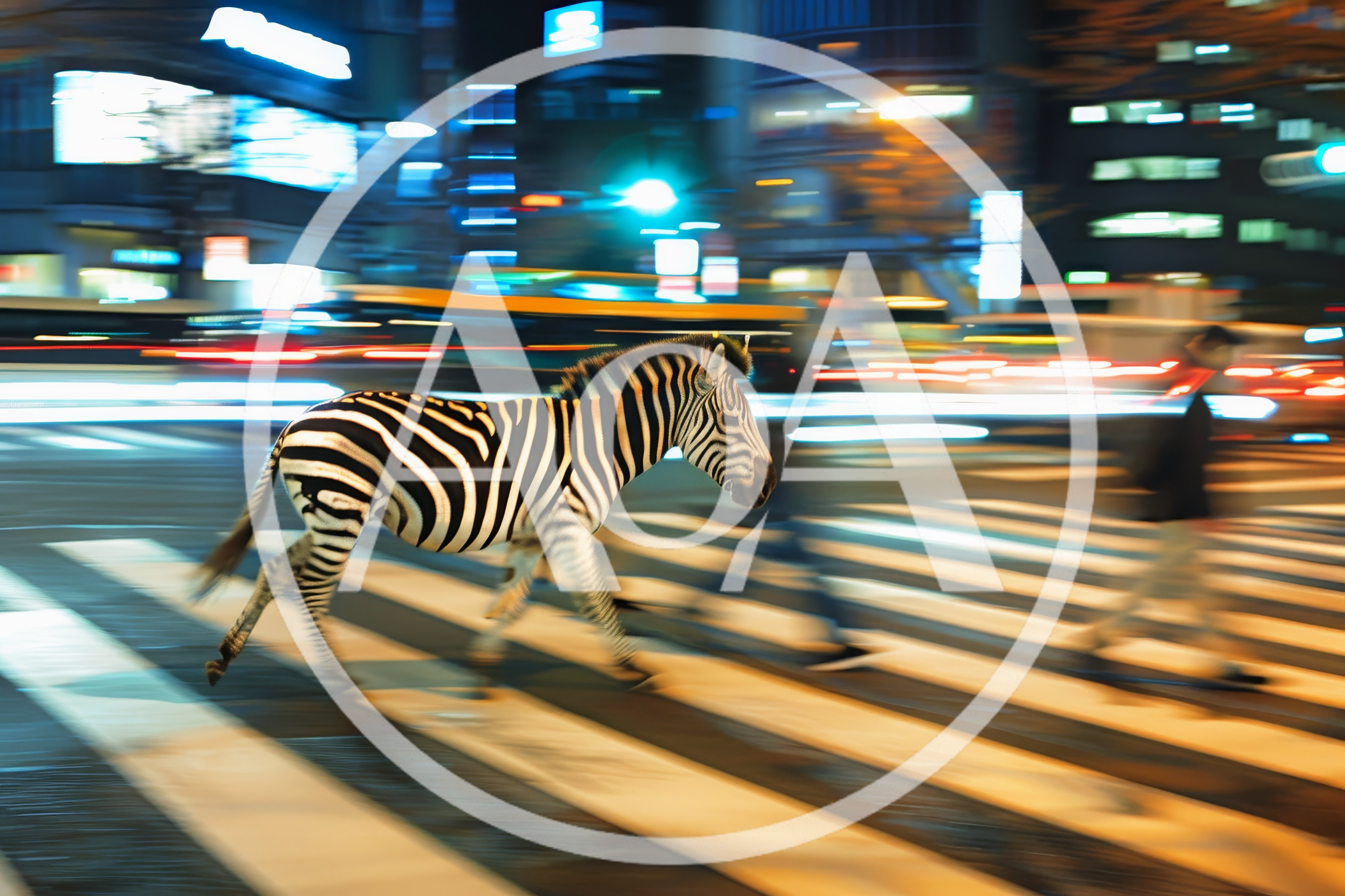 Zebra Walking Across A Busy City Crosswalk At Night
