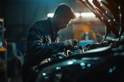 Professional Mechanic Repairing Car Engine In Auto Workshop