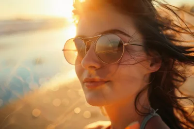 Young Woman Wearing Sunglasses At Sunset Beach