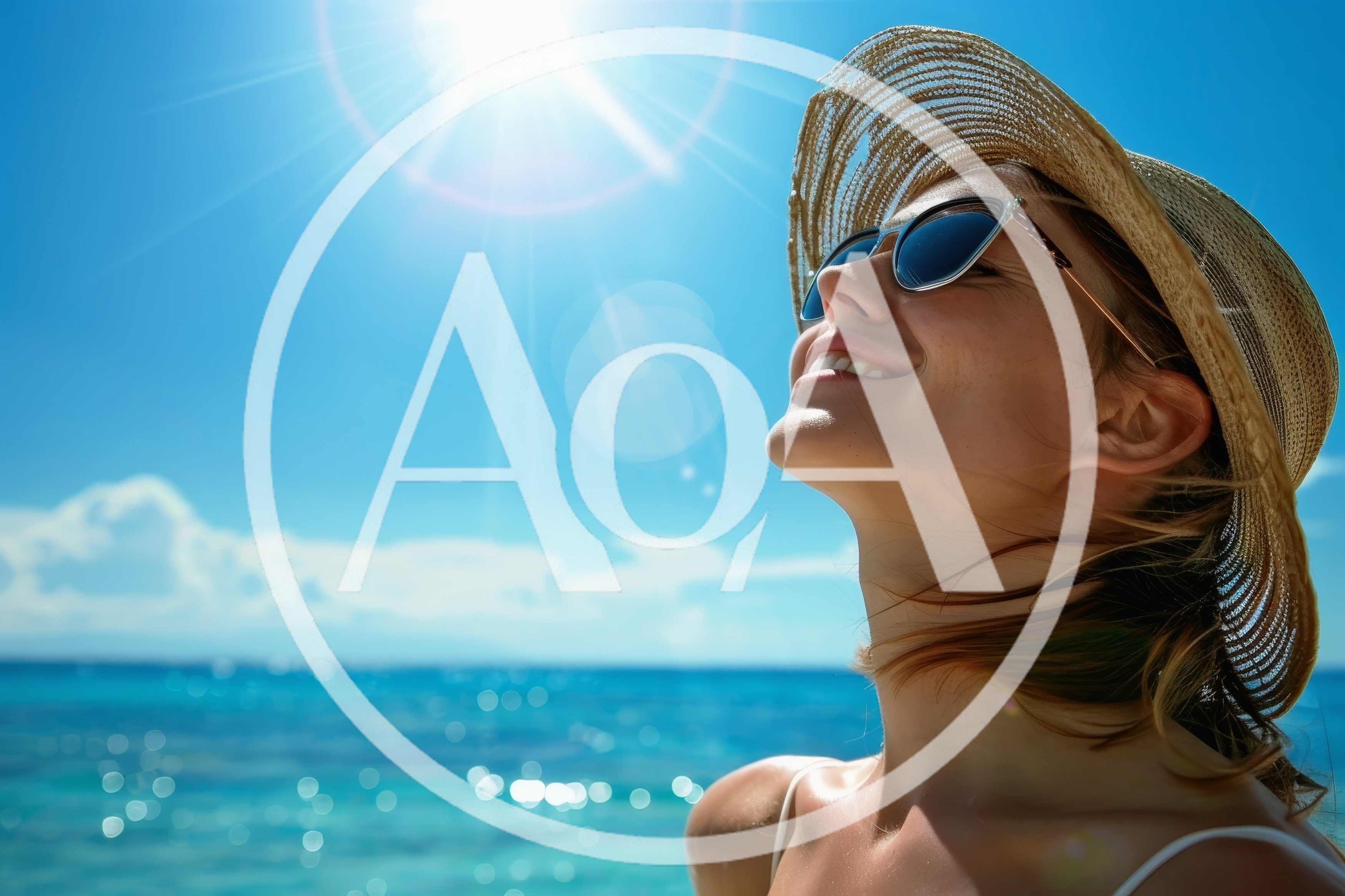 Happy Woman Wearing Straw Hat And Sunglasses At Beach