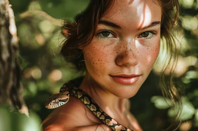 Young Woman With Freckles Holding A Pet Snake