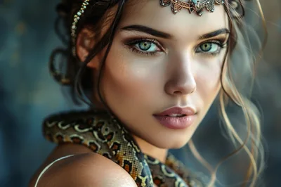 Portrait Of A Beautiful Woman With A Pet Snake