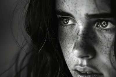 Close Up Portrait Of A Young Woman With Freckles
