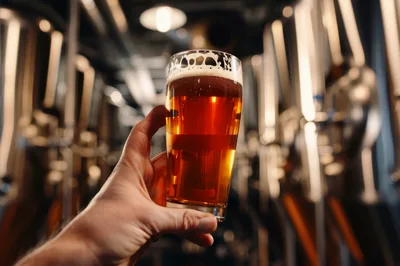 Hand Holding A Glass Of Craft Beer In A Brewery
