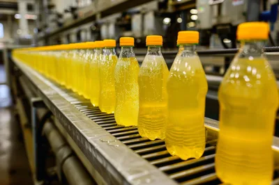 Yellow Soda Bottles Moving Along Industrial Conveyor Belt