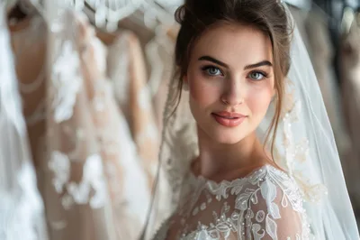 Beautiful Bride Looking At Camera In Bridal Boutique