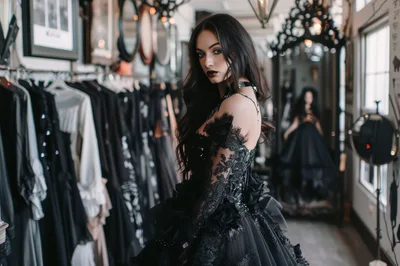Gothic Woman In Black Lace Dress In Boutique