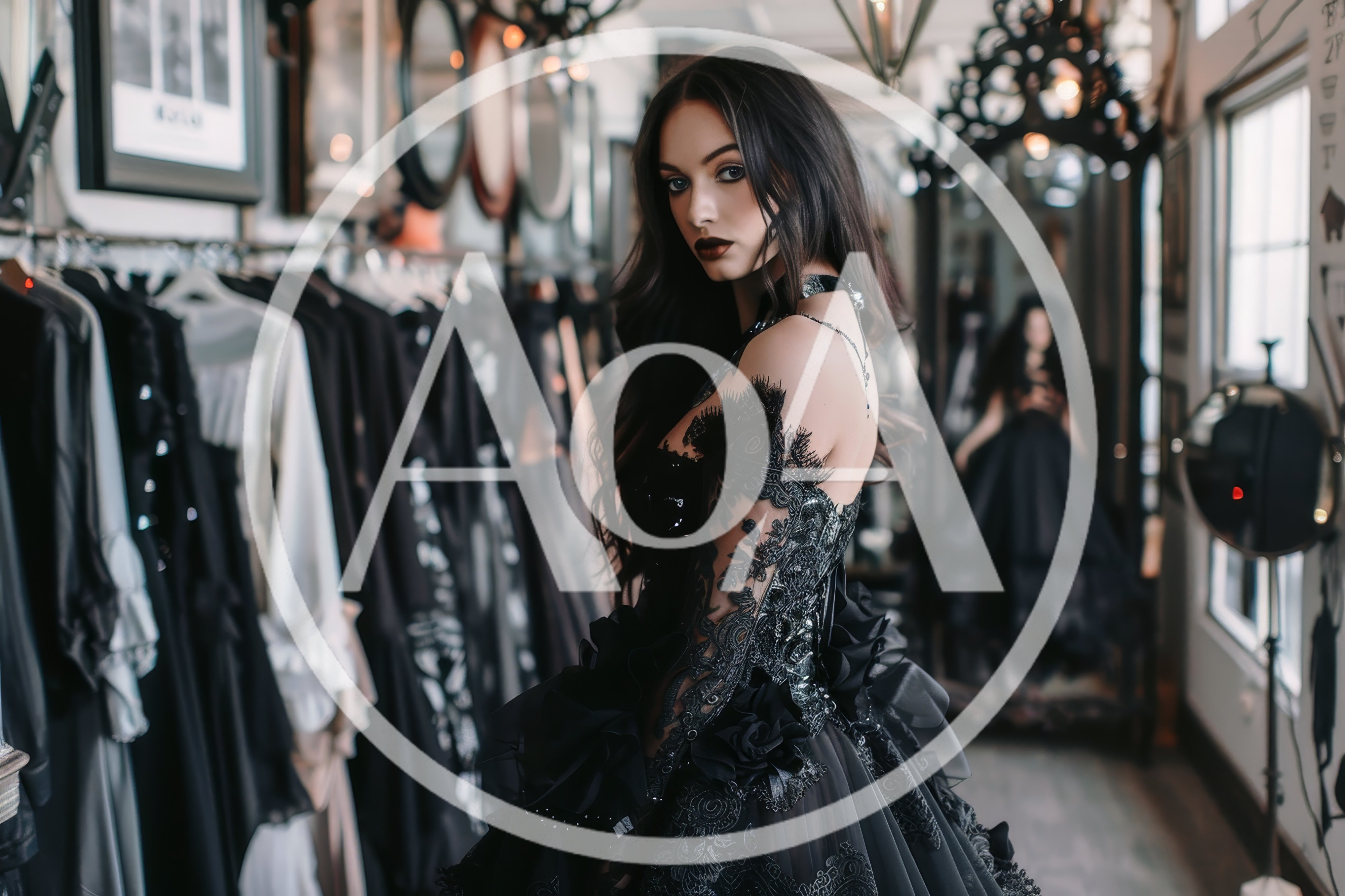 Gothic Woman In Black Lace Dress In Boutique