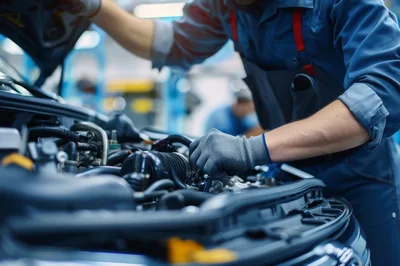 Professional Mechanic Repairing Car Engine In Auto Workshop