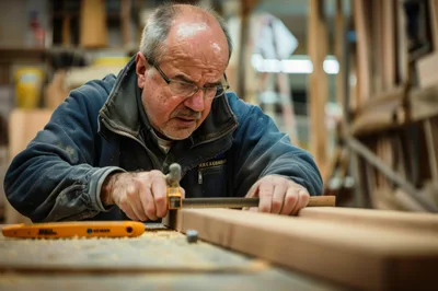 Senior Carpenter Filing Wooden Board In Workshop