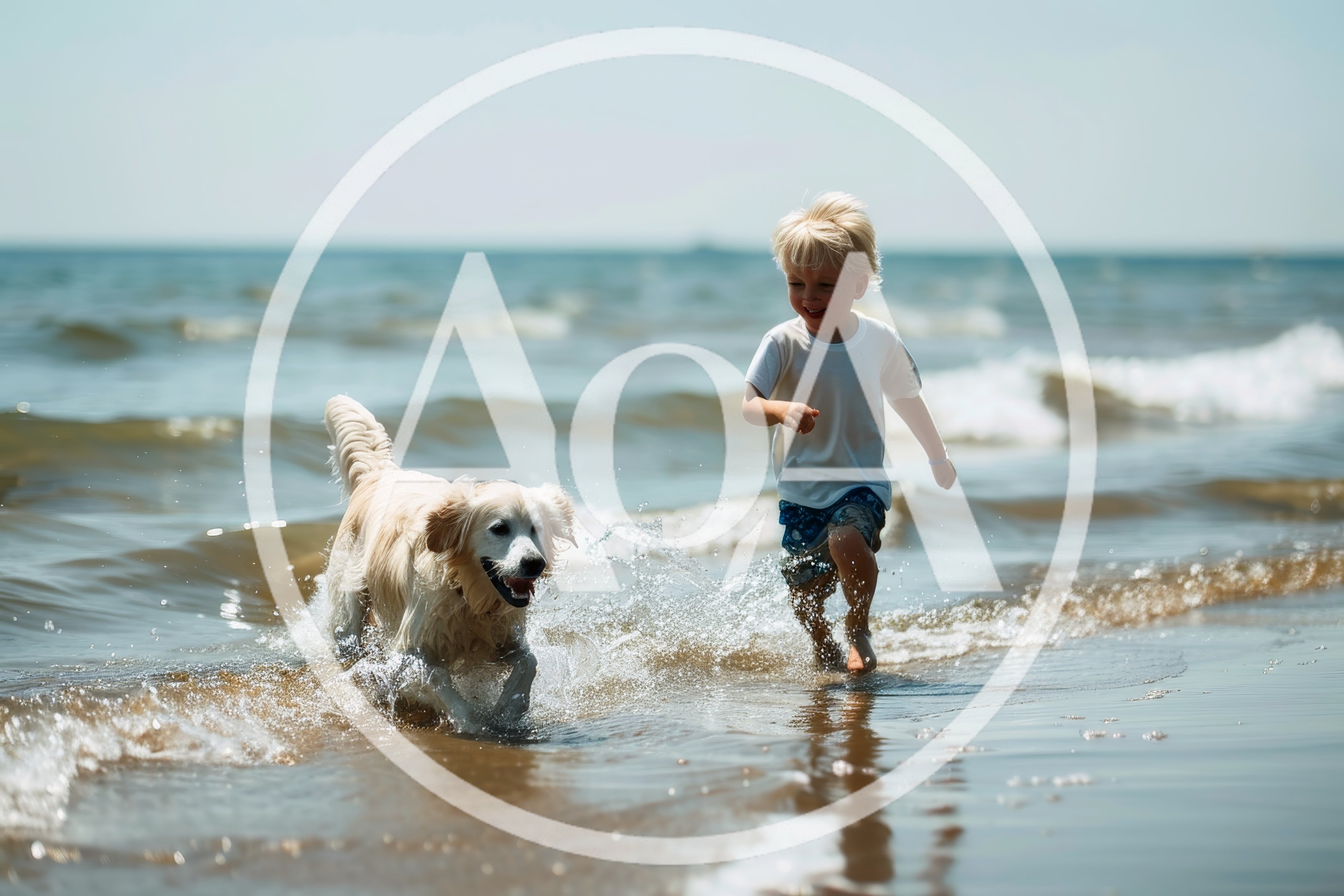 Young Boy Running With Golden Retriever On Beach