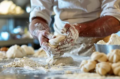 Professional Baker Kneading Dough In A Floury Kitchen