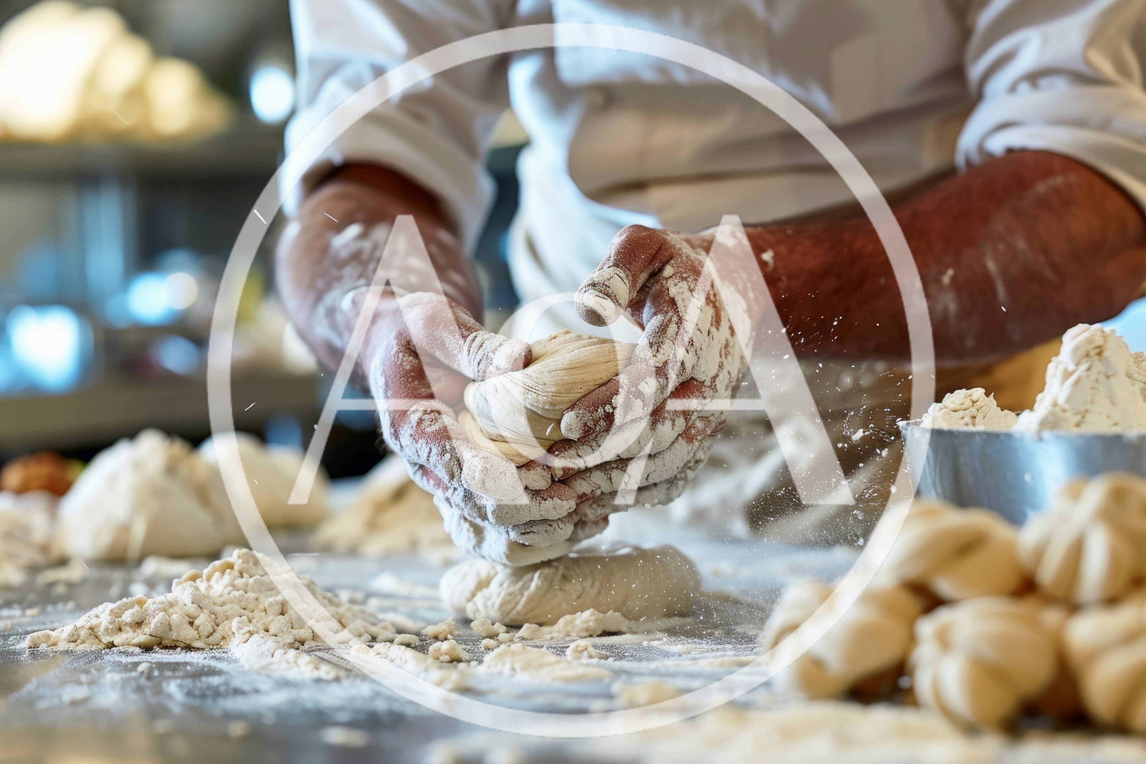 Professional Baker Kneading Dough In A Floury Kitchen