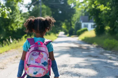 Young Girl Walking Down A Country Road With Backpack
