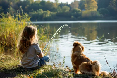 Young Girl Fishing With Her Dog By The Lake