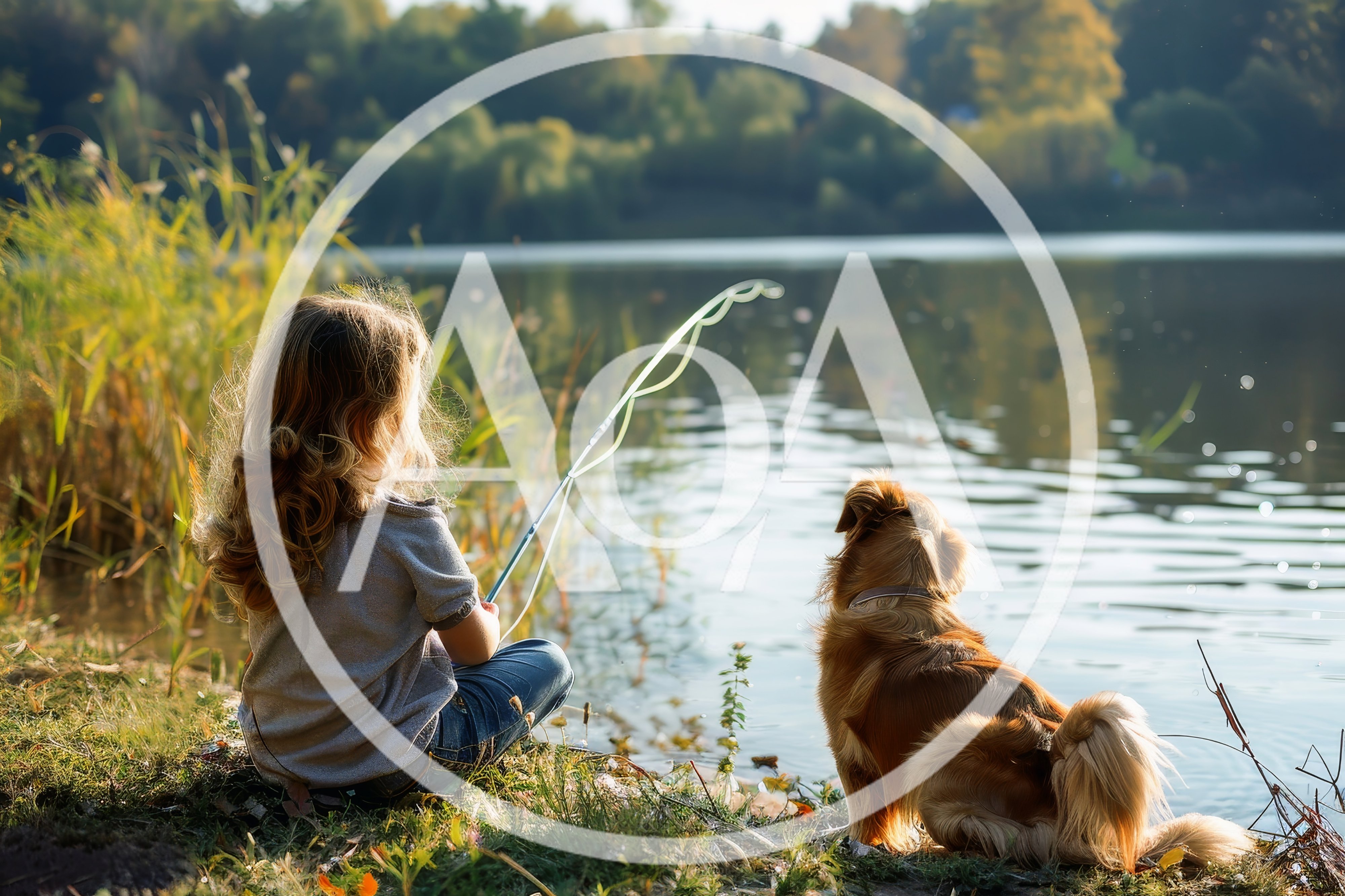 Young Girl Fishing With Her Dog By The Lake