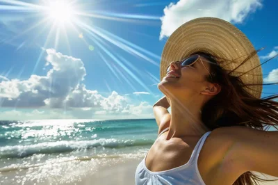 Happy Woman Enjoying Sunny Day At The Beach