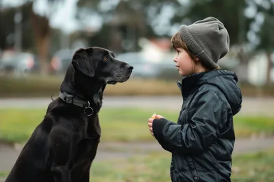 Young Child Training A Black Labrador Dog Outdoors