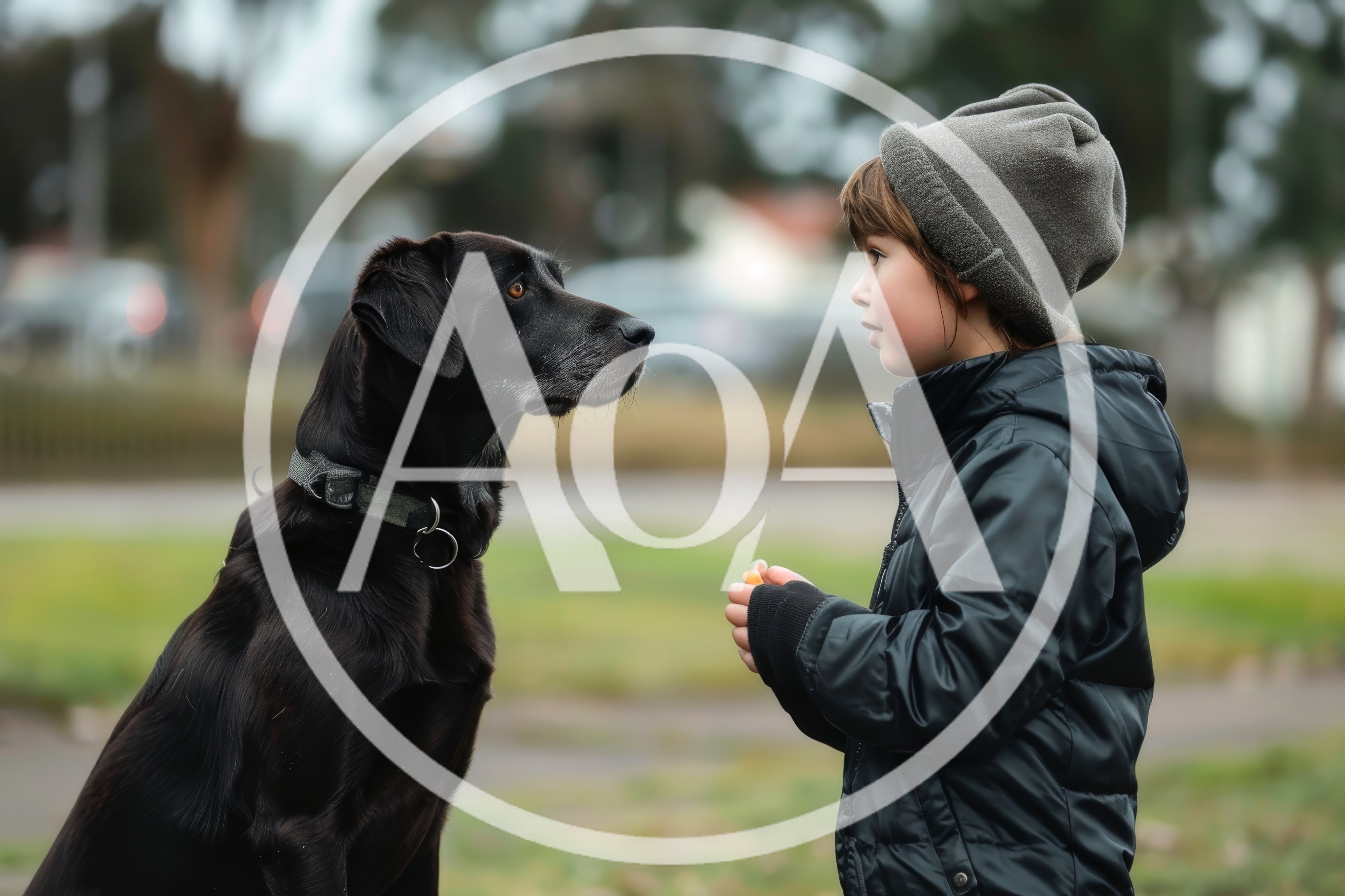 Young Child Training A Black Labrador Dog Outdoors