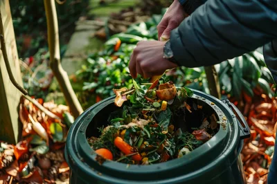 Person Adding Organic Kitchen Waste To Compost Bin