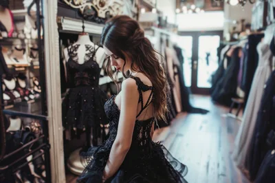 Elegant Woman Trying On A Black Evening Gown
