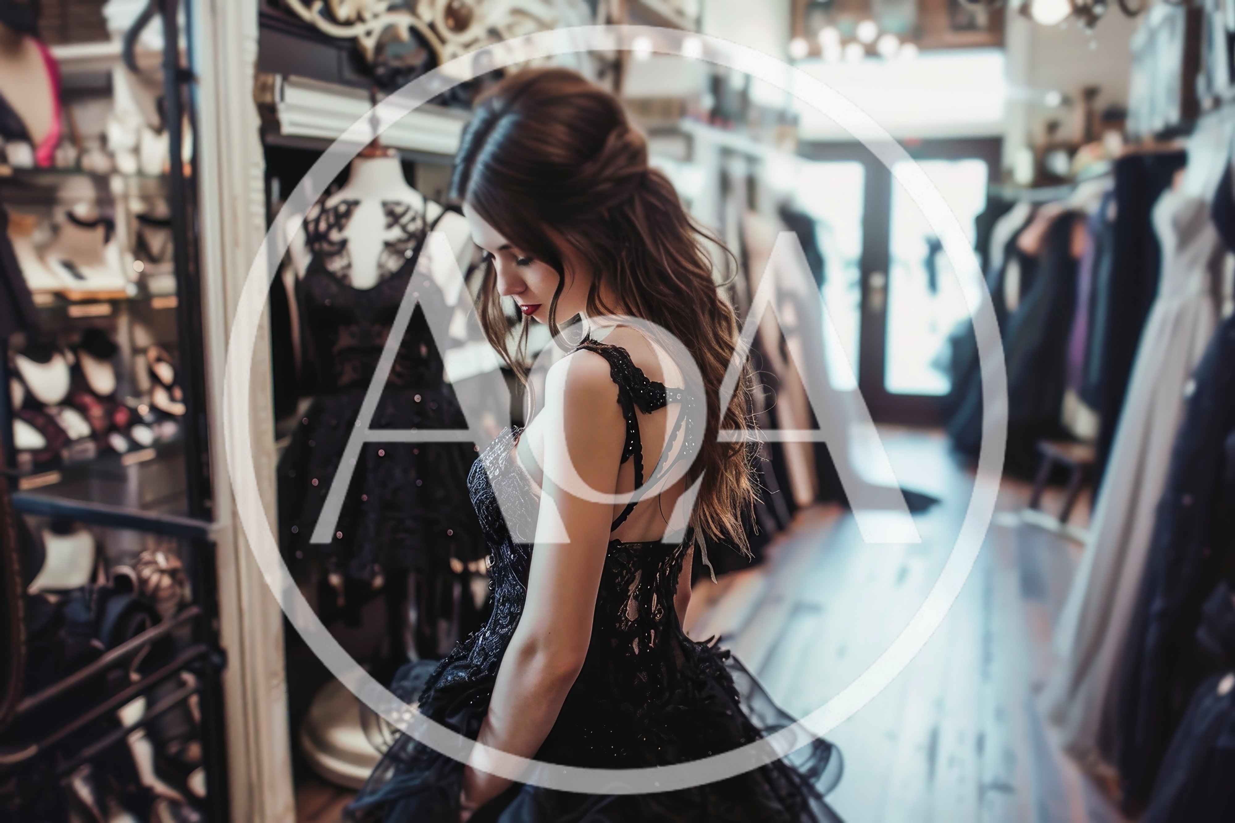 Elegant Woman Trying On A Black Evening Gown