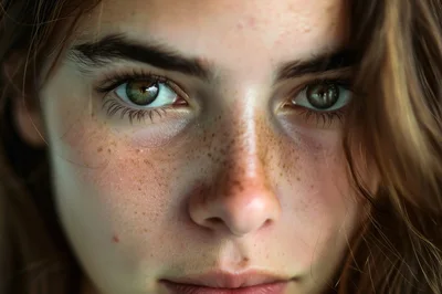 Close Up Portrait Of A Young Woman With Freckles
