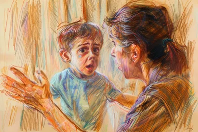 Pastel Drawing Of A Mother And Scared Child