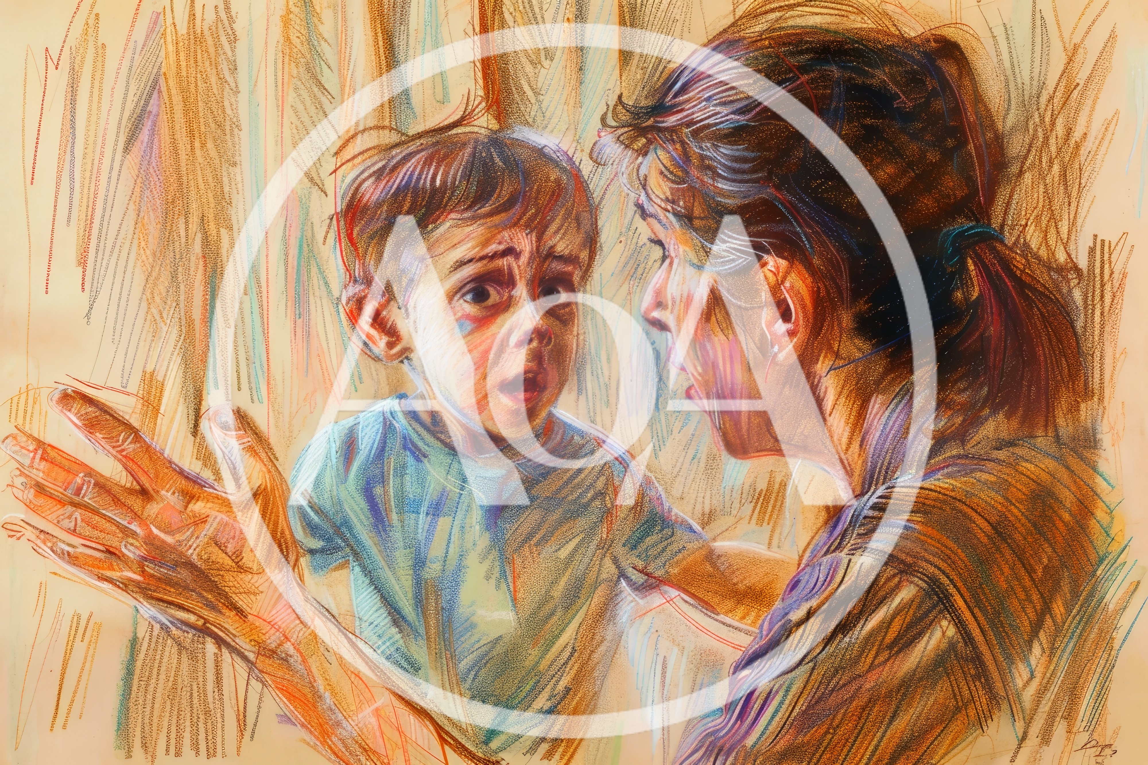 Pastel Drawing Of A Mother And Scared Child