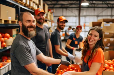 Diverse Volunteers Sorting Fresh Produce In Food Bank Warehouse