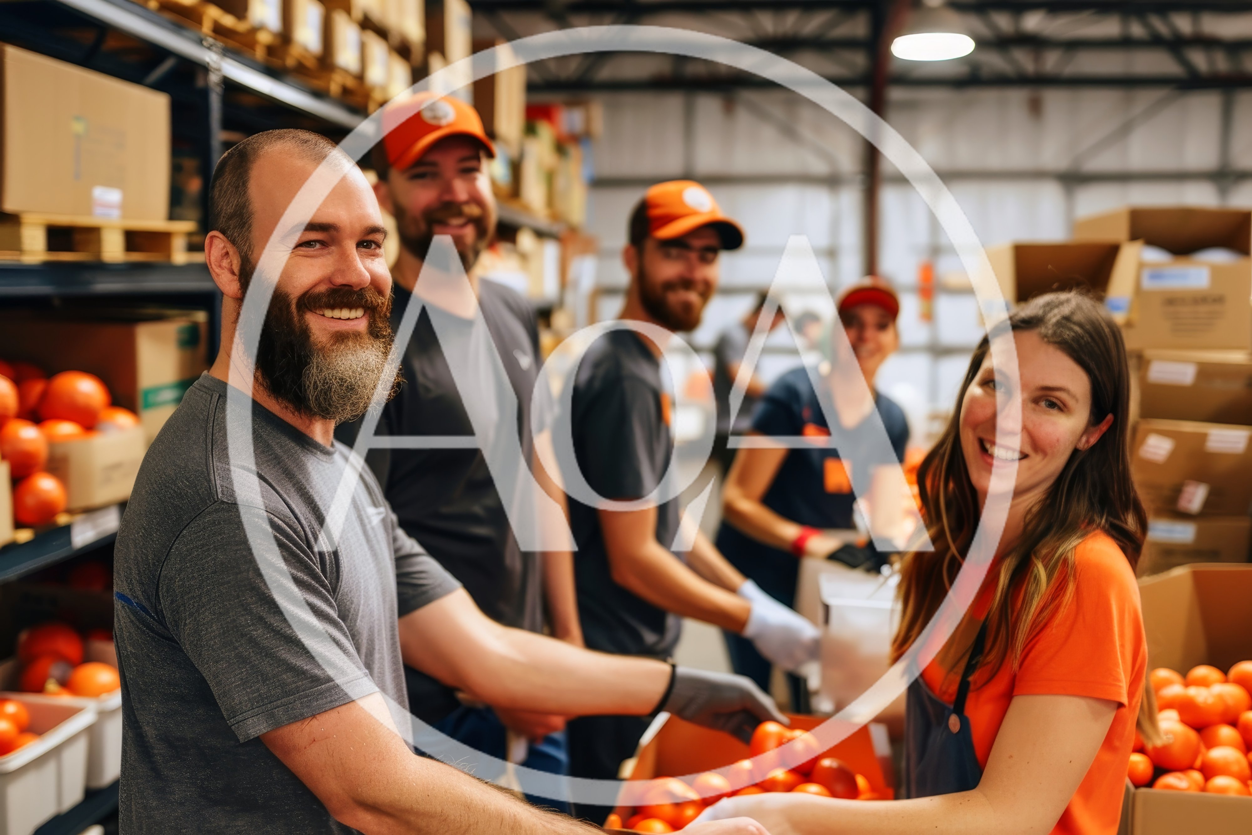 Diverse Volunteers Sorting Fresh Produce In Food Bank Warehouse